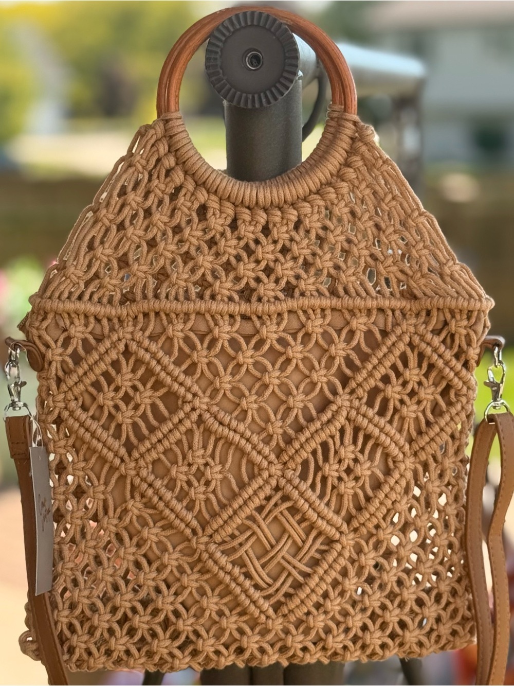 Crown Vintage Boho Macrame Tote Bag Wood Handles Crossbody Beach Resort NWT - Picture 9 of 12